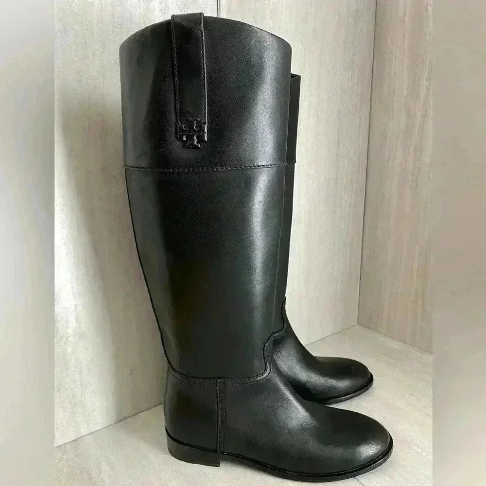 NEW Tory Burch Double T Black Leather Riding Boot Women’s Size 6M